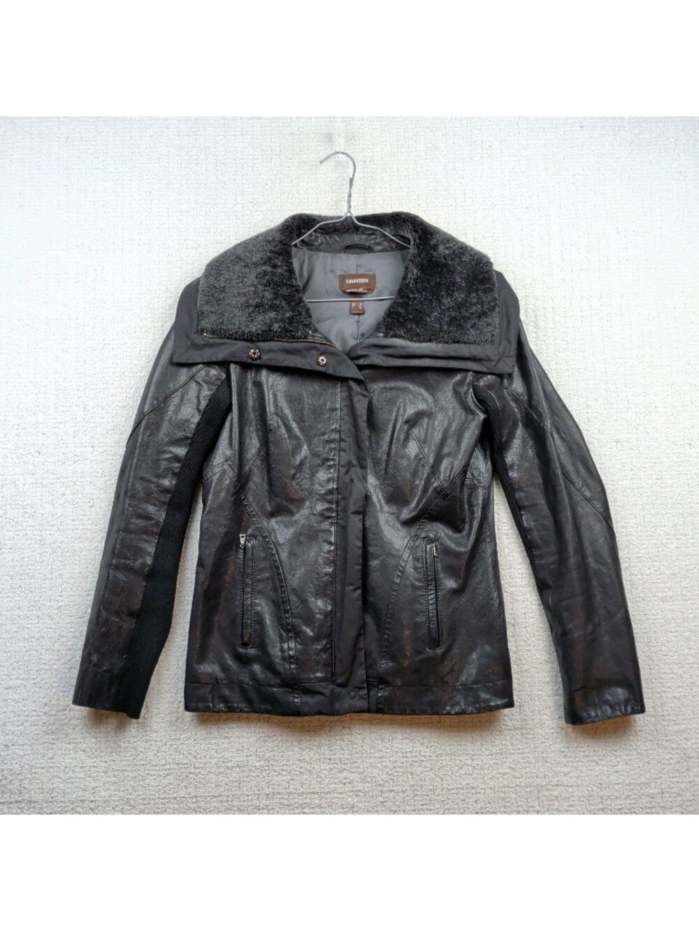 Y2K Danier Italian Leather Jacket Shearling Collar Moto Utility Tech Biker Sz S